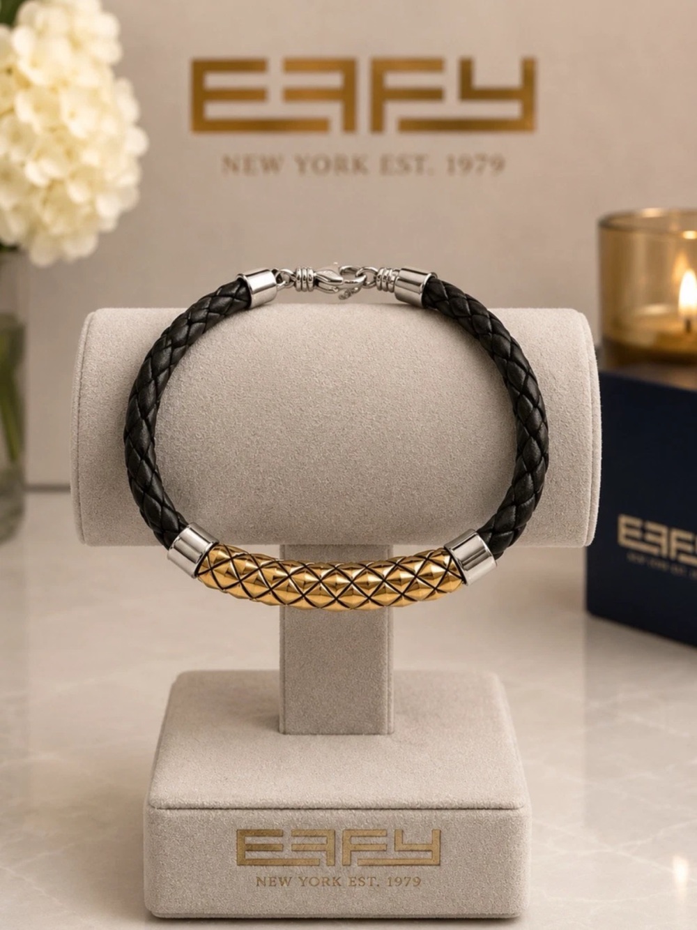 Effy Black Braided Leather Bracelet with Gold Accent and Silver Hardware